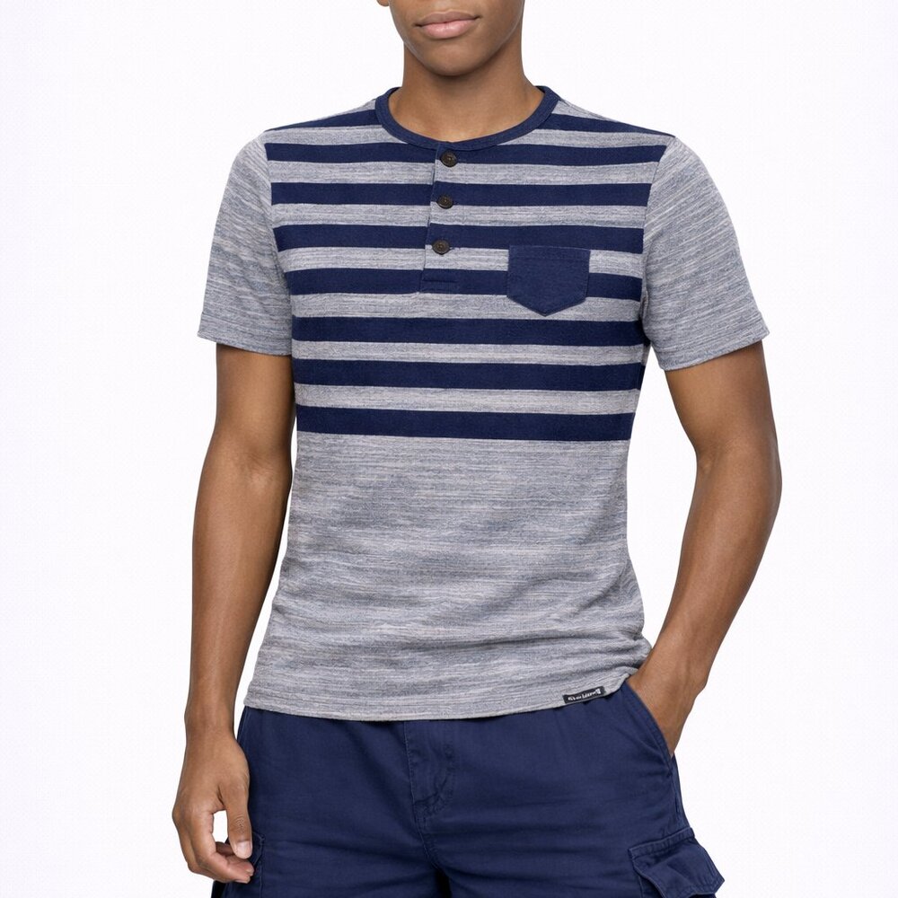 Grey & Navy Striped Short-sleeved Henley-style - Ocean Current T-shirt - Men's S